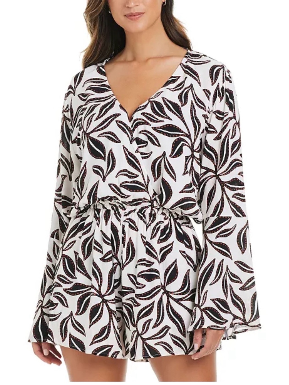 Bar III Women's Resort Daze Printed Bell-Sleeve Romper size small
